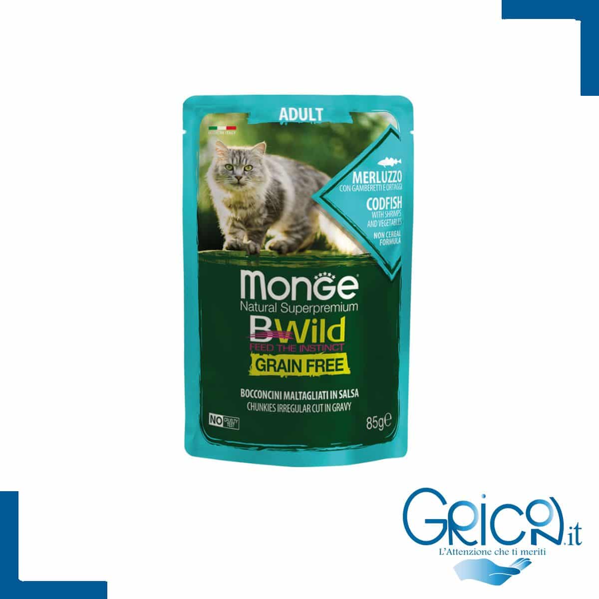 Monge Bwild Grain Free Gatto Merluzzo con gamberetti e ortaggi (fagiolini e carote) - 85 g - 1 pz