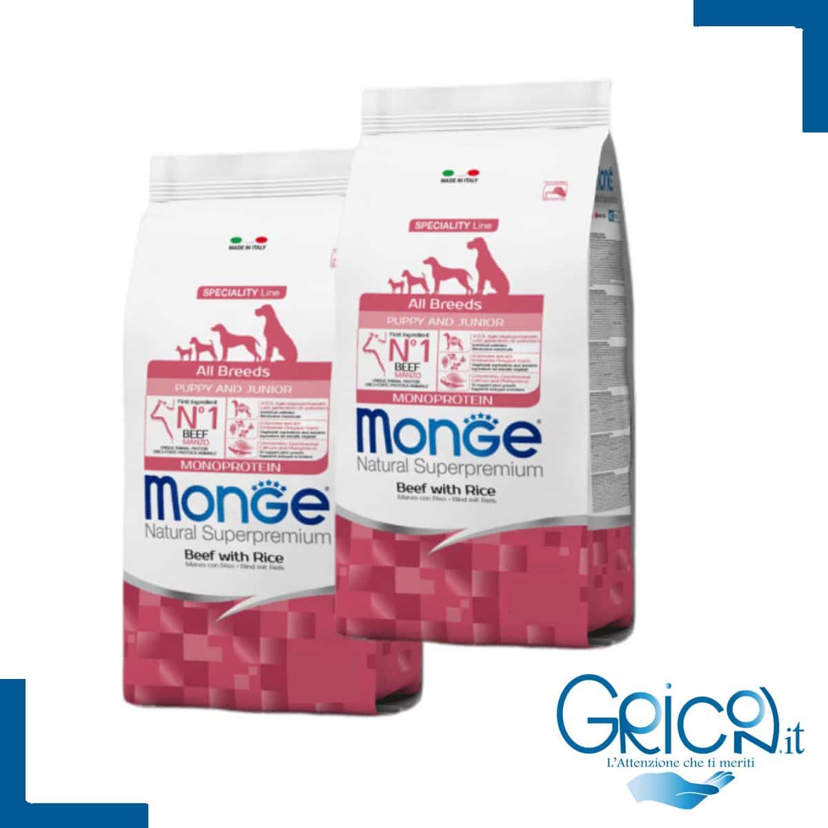 Monge Cane All Breeds Puppy & Junior Manzo con Riso - 2+ sacchi