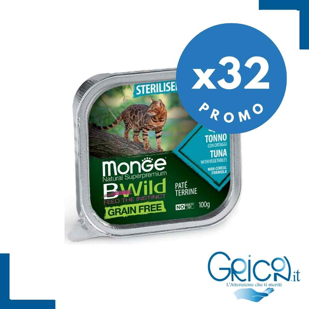 Monge Bwild Grain Free Gatto Sterilizzato Tonno con ortaggi (fagiolini e carote) 100 g - 32 pz