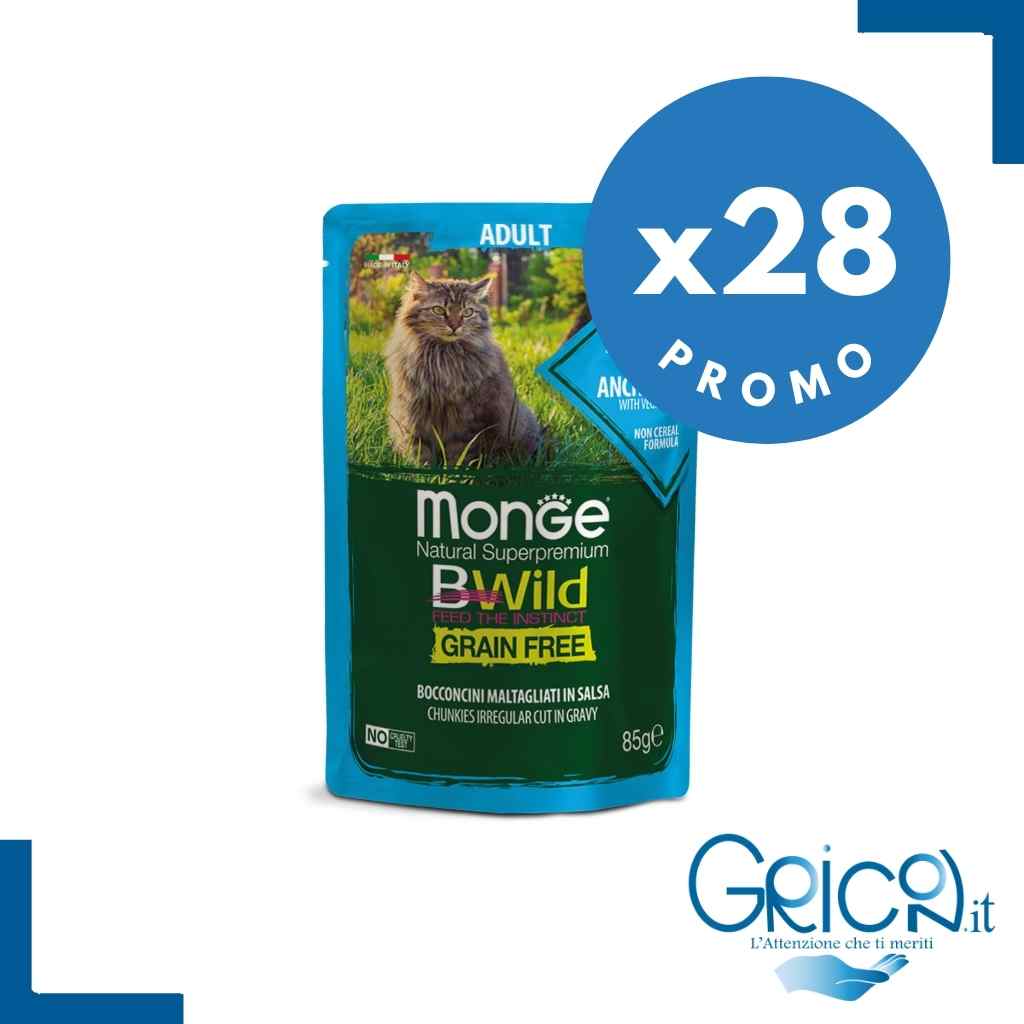 Monge Bwild Grain Free Gatto Acciughe con ortaggi (fagiolini e carote) 85 g - 28 pz