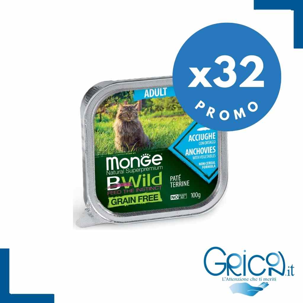 Monge Bwild Grain Free Gatto Acciughe con ortaggi (fagiolini e carote) 100 g - 32 pz