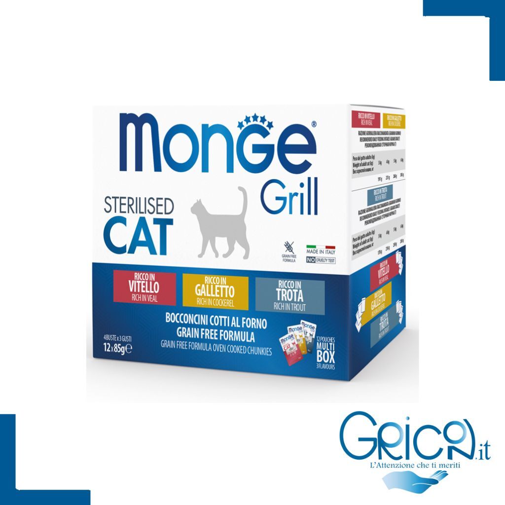 Monge Grill Gatto Multipack Buste Galletto Trota Vitello Gatto Sterilised 12 x 85 gr -