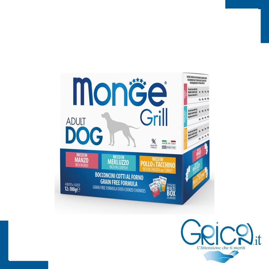 Monge Grill Cane Multipack Buste Pollo e Tacchino Manzo Merluzzo 12 x 100 g -