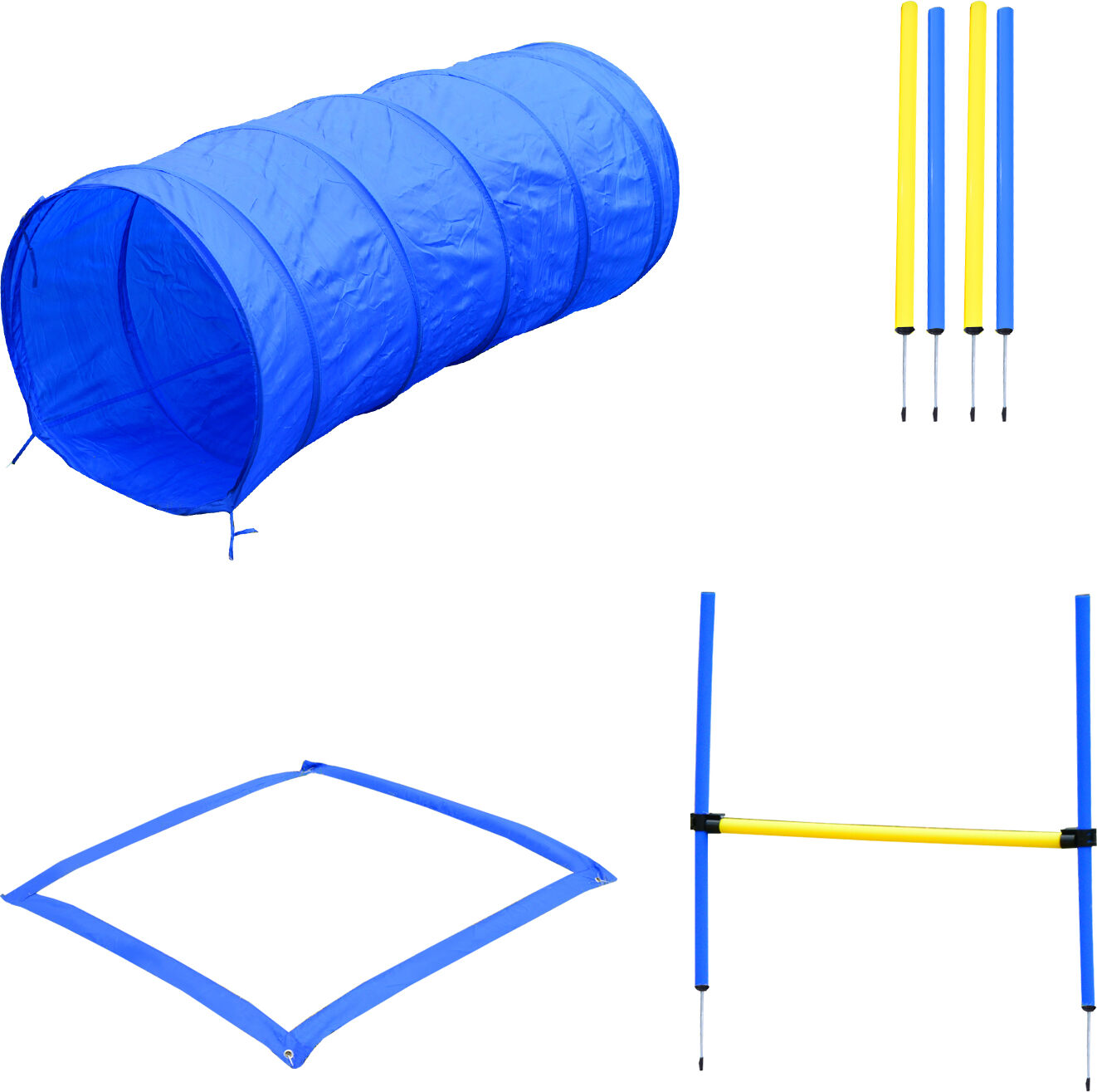 Pawhut Set Agility Dog per Addestramento Cani con Tunnel, Slalom e Ostacolo, Sacca di Trasporto, Giallo e Blu