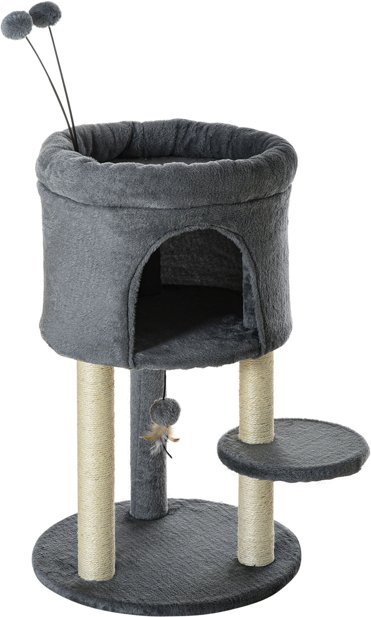 Pawhut Albero Tiragraffi per Gatti con Casetta e Lettino, Pali in Sisal e Palline, 44.5x44.5x73.5cm, Grigio