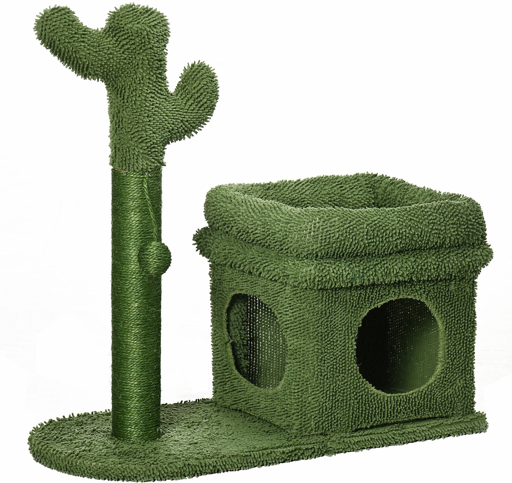 Pawhut Tiragraffi per Gatti con Lettino, Casetta e Palo in Sisal a Forma di Cactus, 68x30x67cm, Verde