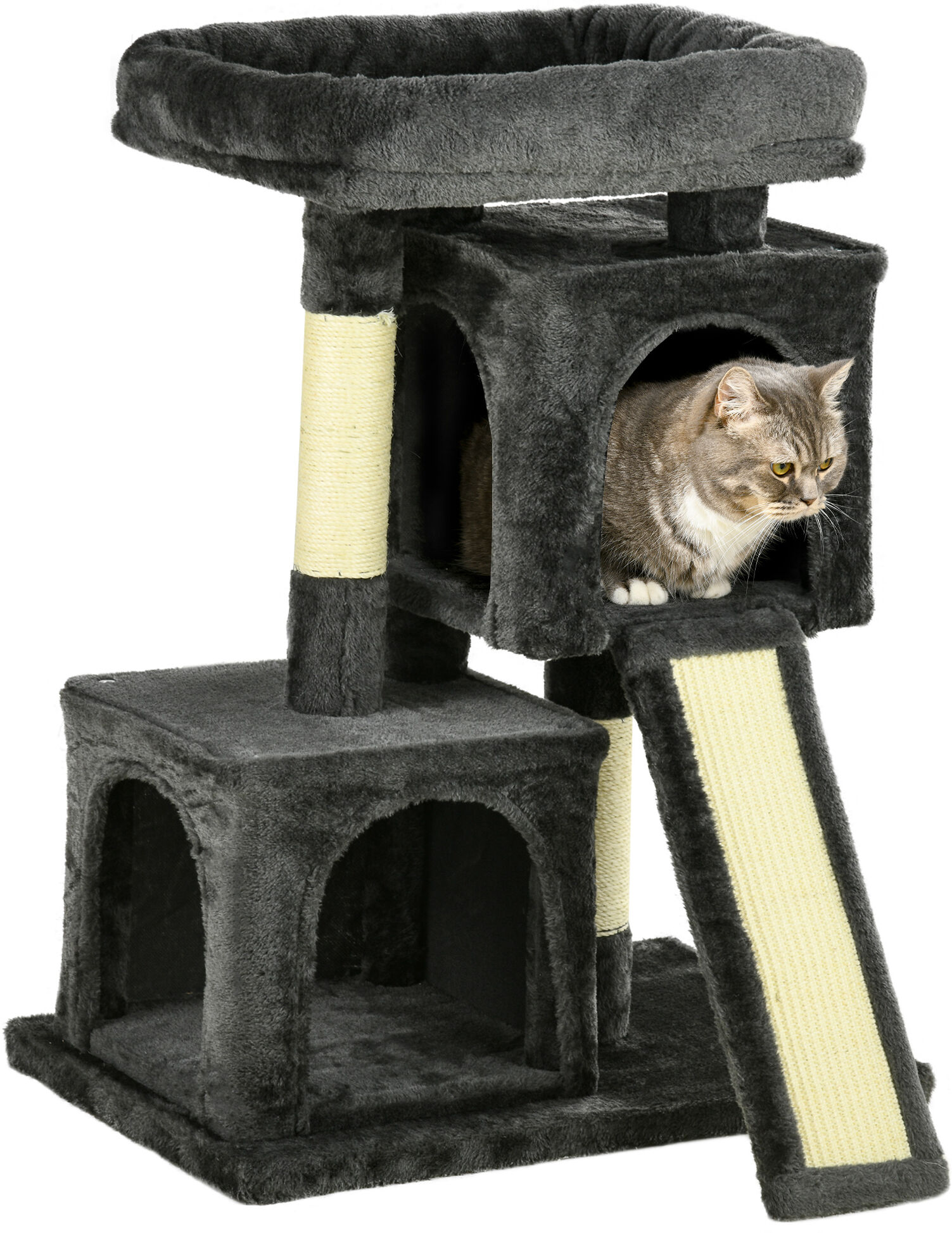 Pawhut Albero Tiragraffi per Gatti con Pali in Sisal, Lettino e 2 Casette, 59x39x83cm, Nero