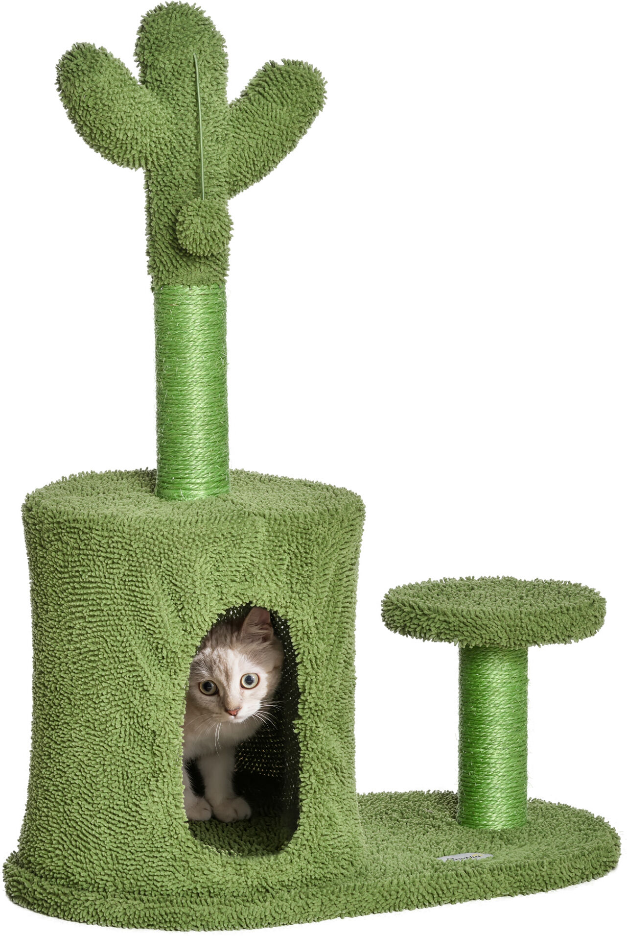 Pawhut Albero Tiragraffi per Gatti Adulti e Gattini a Forma di Cactus con Corda Sisal, Palline e Cuccia, Altezza 78cm, Verde