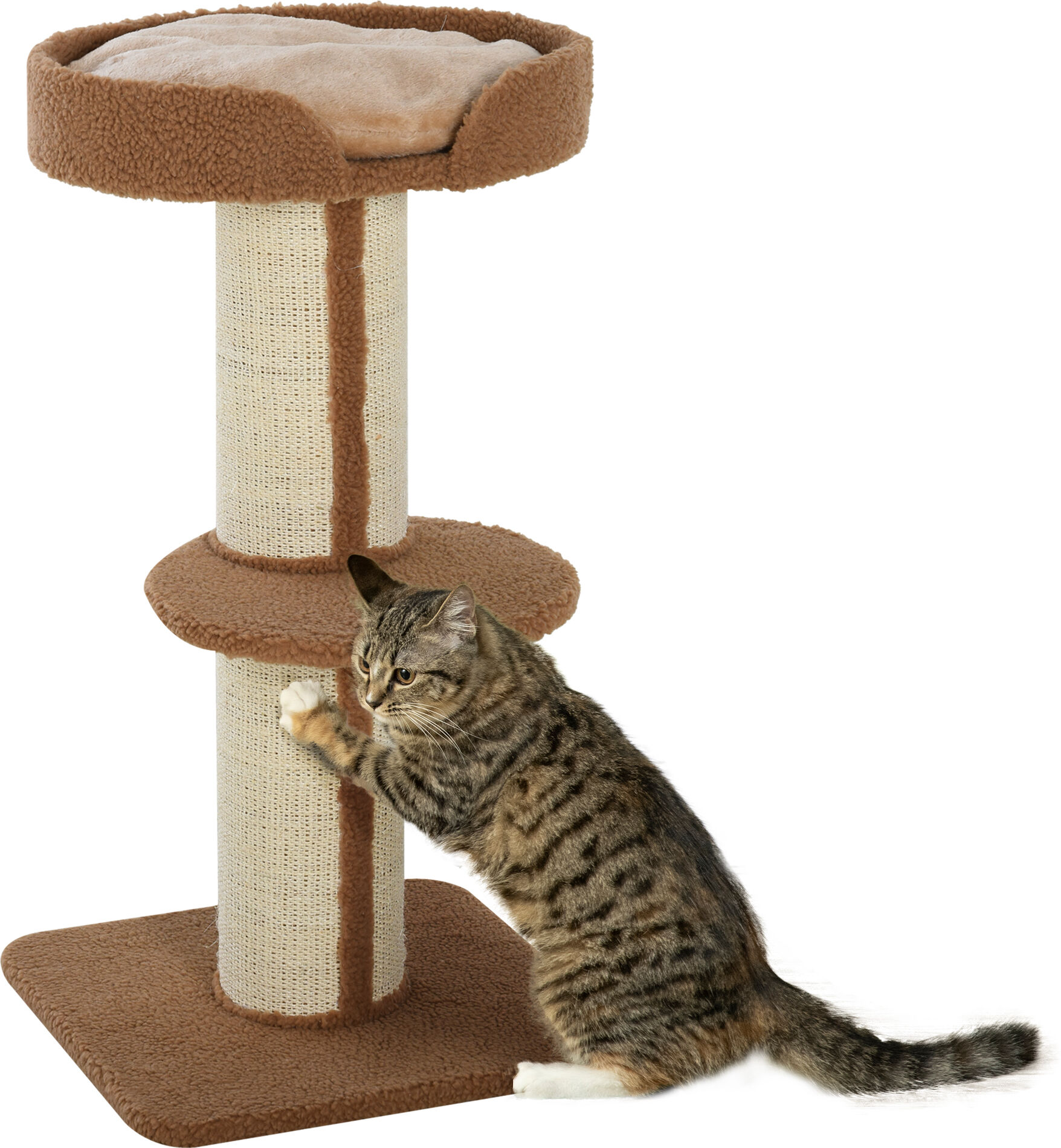 Pawhut Tiragraffi ad Albero per Gatti con Cuccia, Cuscino e Morbido Rivestimento Marrone, Pali in Corda Sisal, Altezza 91cm