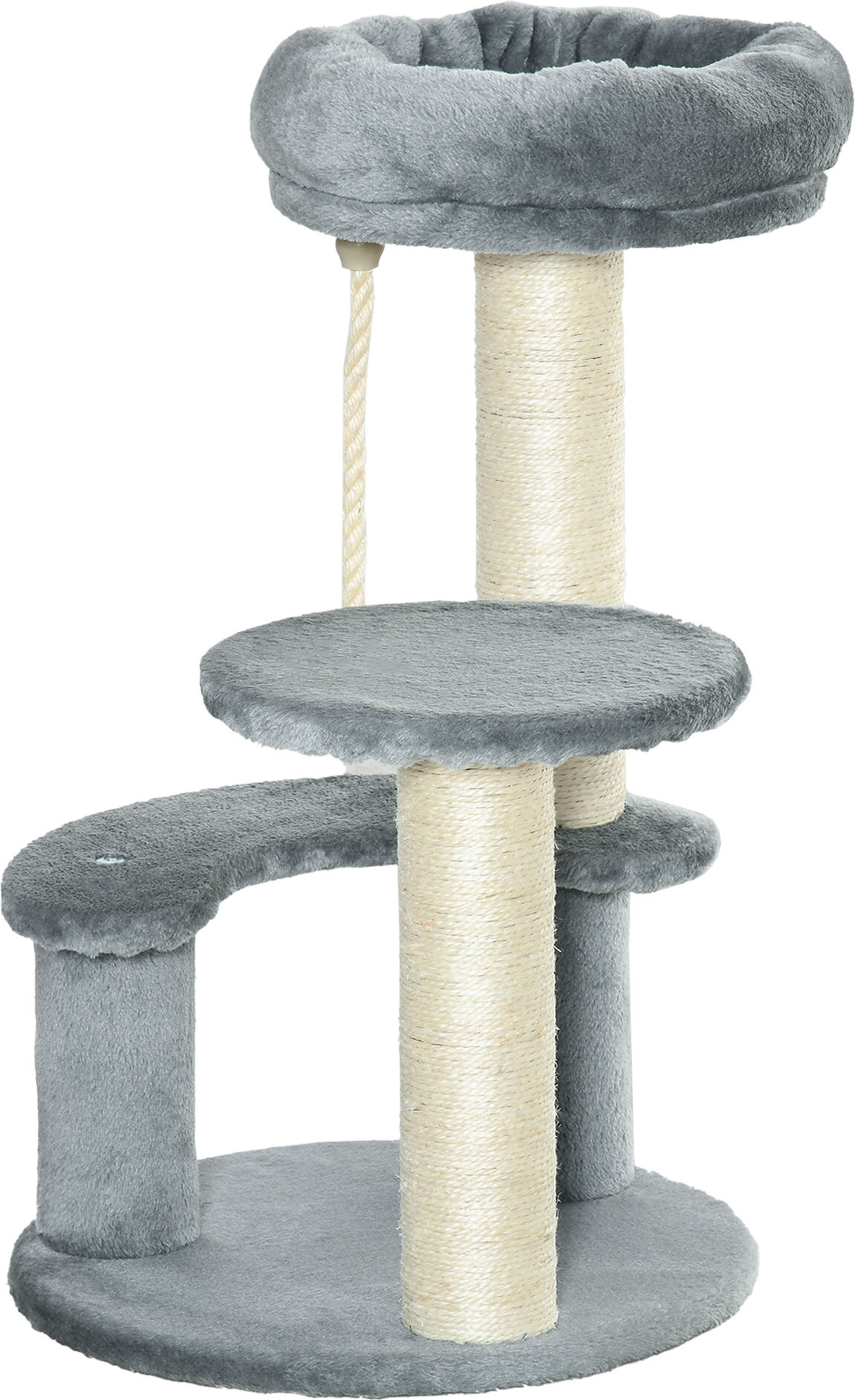 Pawhut Albero Tiragraffi per Gatto a 3 Livelli in Peluche Sisal Naturale Grigio Diametro 40x65cm Aosom.it