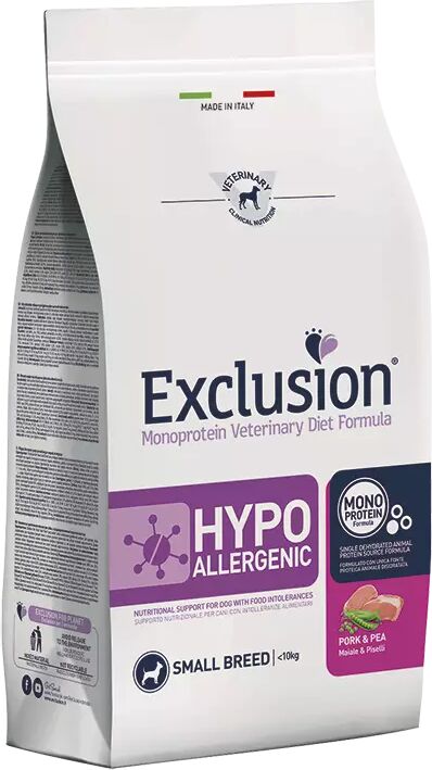 EXCLUSION Cane Monoprotein Veterinary Diet Hypoallergenic Adulto Small Maiale&Piselli; 800 gr