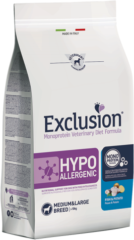 EXCLUSION Cane Monoprotein Veterinary Diet Hypoallergenic Adulto Medium&Large; Pesce&Patate; 12 Kg 12.00 kg