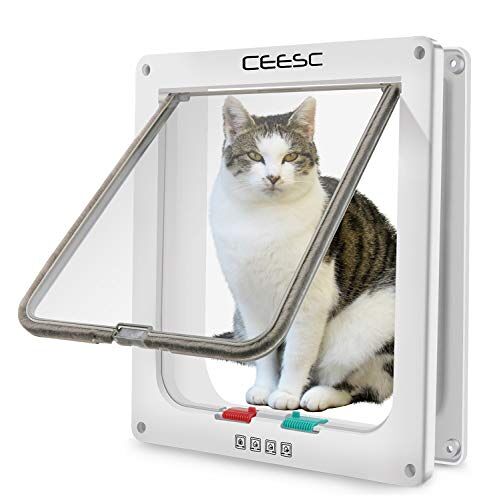 CEESC Grote kattenluik (buitenmaat 28 cm x 24,9 cm), 4-weg vergrendeling voor katten en kleine honden, omtrek < 63 cm, eenvoudig te installeren en te gebruiken