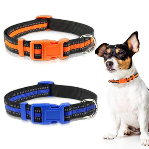 SHRADS Set van 2 halsbanden voor honden, gepersonaliseerde hondenhalsband, verstelbare hondenhalsband, reflecterende hondenhalsband voor kleine tot middelgrote huisdieren (maat M, blauw en oranje)