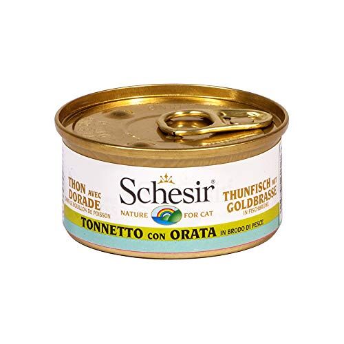 Schesir Cat in bouillon tonijn met goudbrasem, kattenvoer nat in eigen kookbouillon, 24 blikjes x 70 g