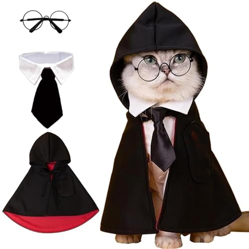 EMHTHME Halloween hond kat kostuum cape, huisdierkostuum met bril en binden, cosplay kleding voor huisdieren, honden-katten-Halloween-kostuums