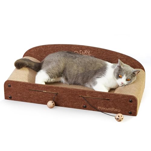 FUKUMARU Kartonnen loungebed voor katten van 26 inch, duurzaam kattenkrabbed, grote ligstoel, 2 omkeerbare kattenkrabpads voor binnenkatten, recyclebaar kattenkrabbed karton met bel bal speelgoed