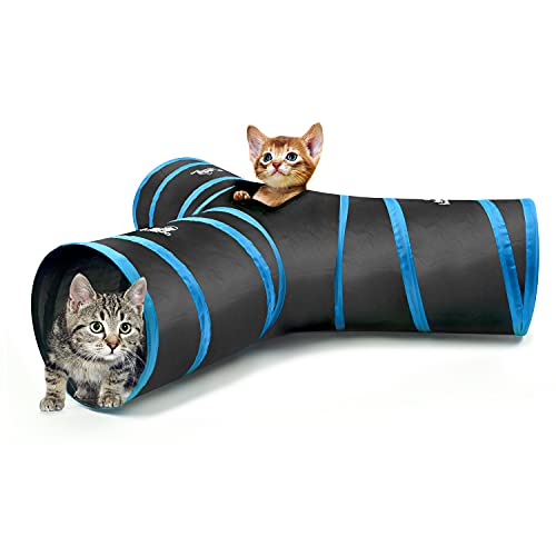 Pawaboo Cat Tunnel, 3 Way Tunnels 25x53cm Extensible Collapsible Cat Play Tunnel Toy Maze Cat House with Pompon and Bells for Cat Puppy Kitten Rabbit, Black & Light Blue