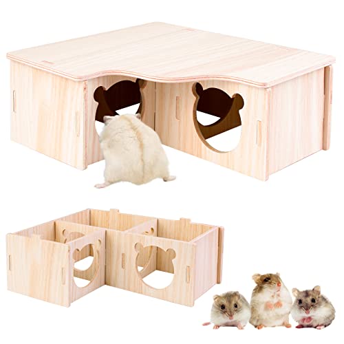 Vegena Hamster Hoekhuis 3 huisjes hout hamsterhuis, hamster huis hout hamster verstopplaats kooi decoratie accessoires voor koemmuizen, degos, stekelmuizen, dwerghamster (22,5 x 17,8 x 8 cm)