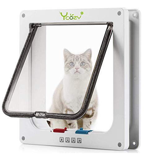 Ycozy kattenluiken (buitenmaat 28x25cm) 4-voudig vergrendelbaar huisdierluik voor binnen, buitendeuren, weerbestendig kattenluik voor kittens en hondjes, eenvoudig te installeren op deur/muur/raam