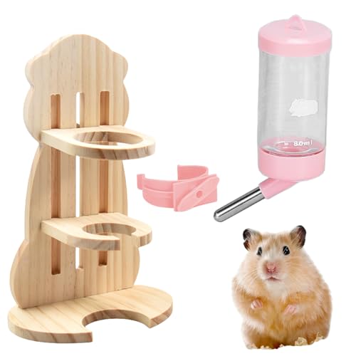 HOMURY Hamster drinkfles met standaard: automatische waterdispenser, instelbaar, drinkbak van hout, cavia's, waterdispenser, 80 ml, drinkbak voor kleine dieren, lekvrij mondstuk, cavia's accessoires