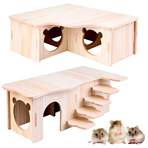 Vegena 2 stuks hamsterhuis, hamsterhuis van hout, hamster met meerdere kamers, hamerhuis, hamerhuis, hamsterhuis, hamster, verstopplaats, dwerghamster, accessoires voor de kooi voor racemuizen, ratten, cavia's