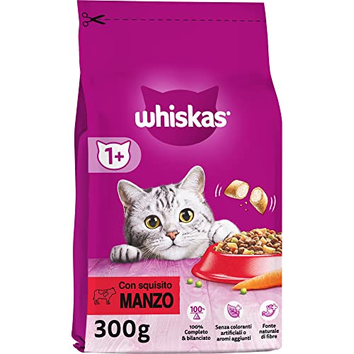 Whiskas Droogvoer Adult 1+ met rundvlees droogvoer voor volwassen katten, 14 verpakkingen à 300 g