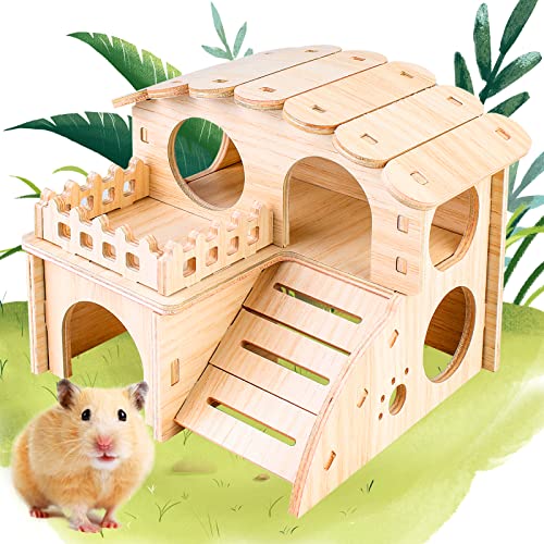 Vegena Hamster hoekhuis houten hamsterhuis, caviahuis met ladder, 2 verdiepingen hamster schuilplaats, hamster huis hout voor kleine huisdieren dwerghamsters, degus, stekelmuizen, racemuizen