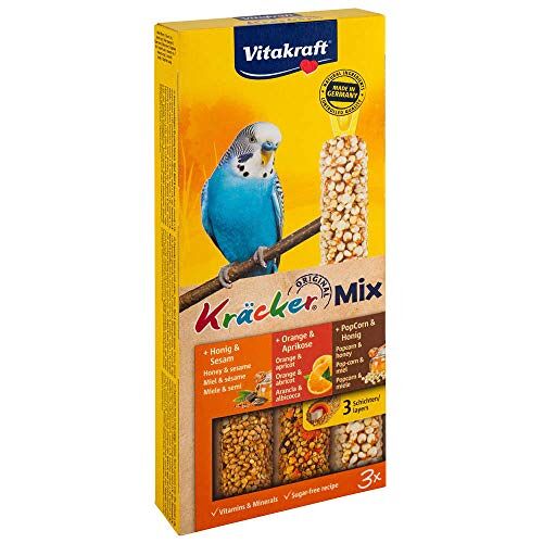 Vitakraft Trio Mix honing/sesam-sinaasappel/abrikoos-honing/popcornkracker parkiet 3in1