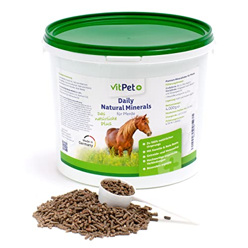 VitPet+ Daily Natural Minerals – premium mineraalvoer paarden in emmer van 4 kg incl. doseerlepel – graanvrij met hoogwaardige organische verbindingen van zink en selenium