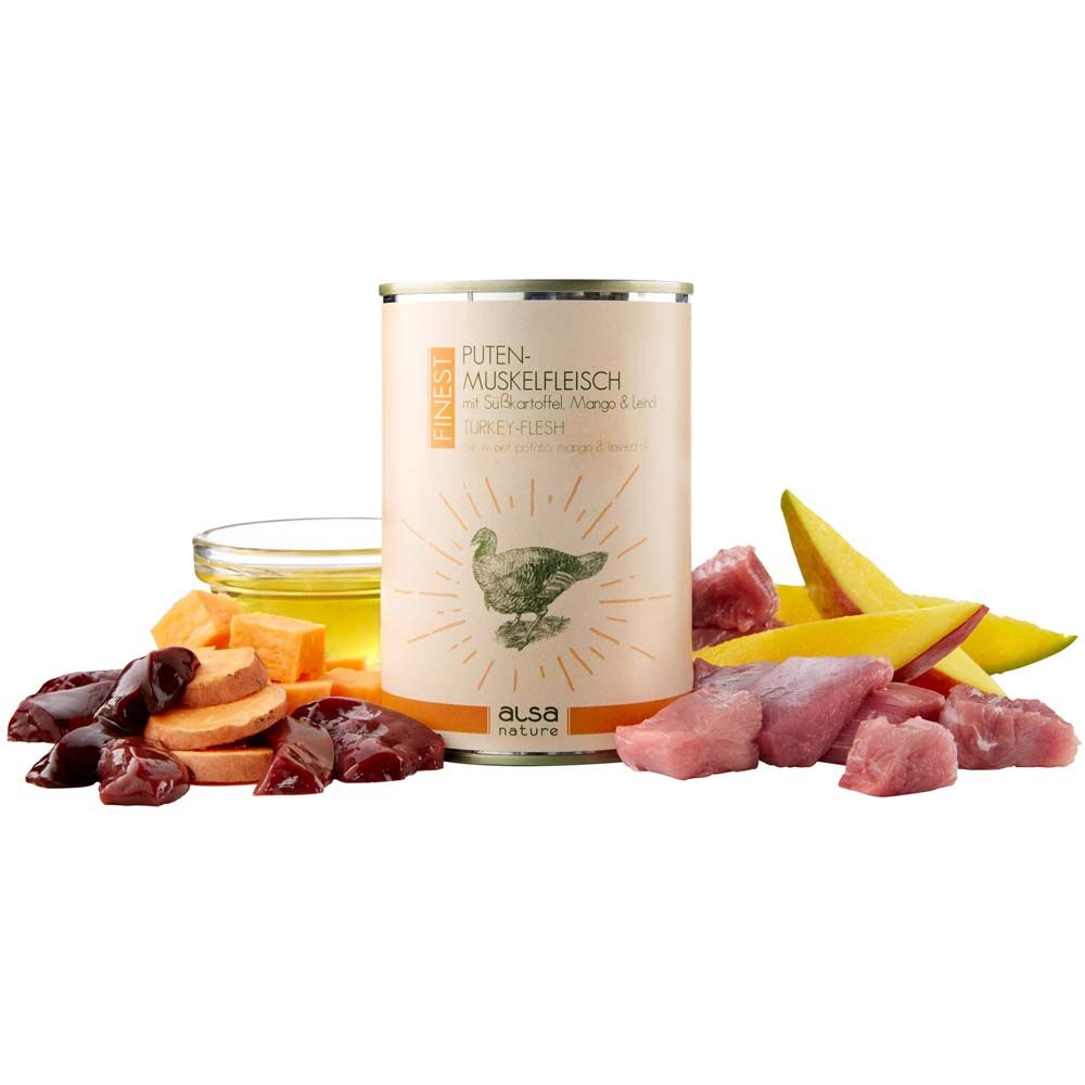 alsa-nature FINEST Kalkoen-spiervlees met zoete aardappel, mango & lijnolie - - 12 x 400 g