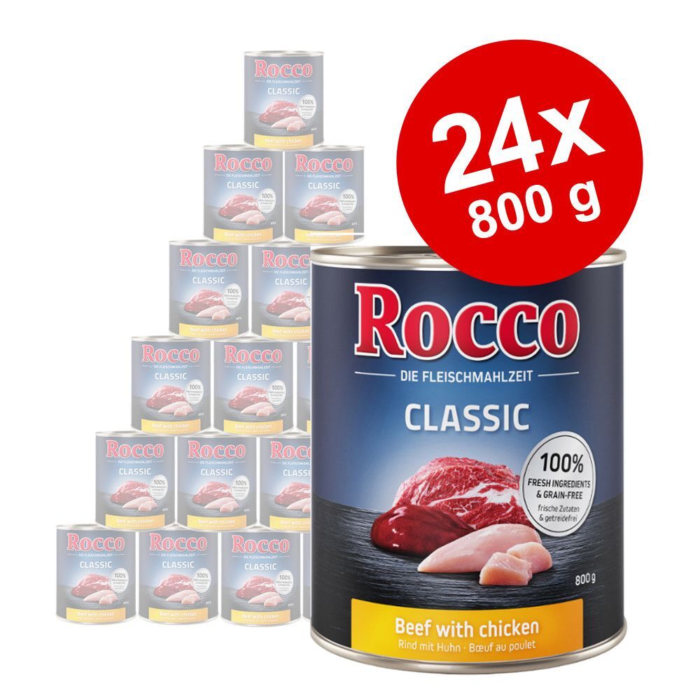 Rocco Classic 24 x 800 g - Pack económico - Pack misto: tripa pura, peru, pato e javali