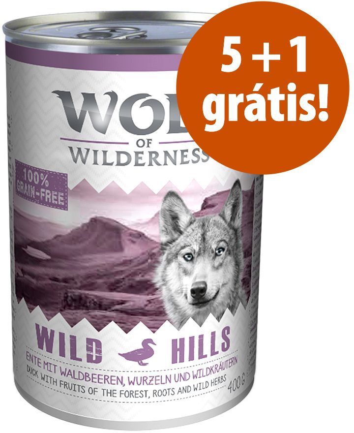 Wolf of Wilderness comida húmida 6 x 400g/800 g em promoção: 5 + 1 grátis! - Junior Wild Hills com pato e vitela (6 x 800 g)