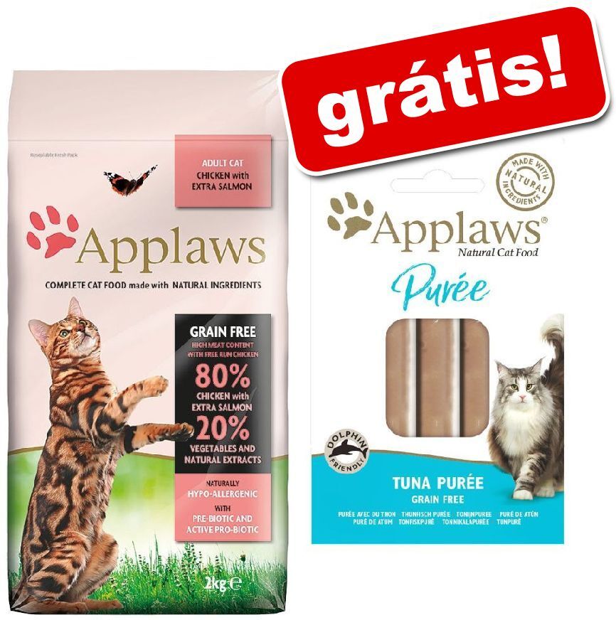 Applaws ração 1,8 kg/2 kg + 8 x 7 g Applaws Puré snack de atum grátis! - Adult com frango e salmão (2 kg)