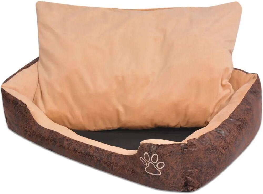 vidaXL Cama cães c/ almofada couro artificial PU tamanho XXL castanho