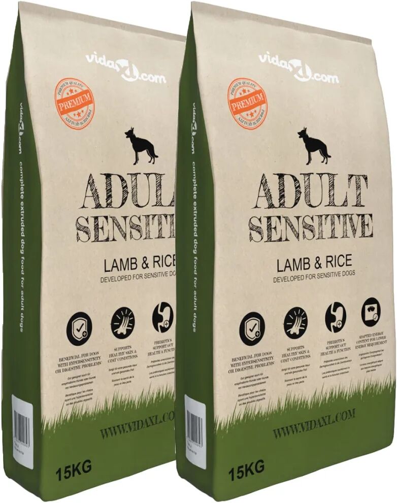 vidaXL Ração premium para cães Adult Sensitive Lam & Rice 2 pcs 30kg