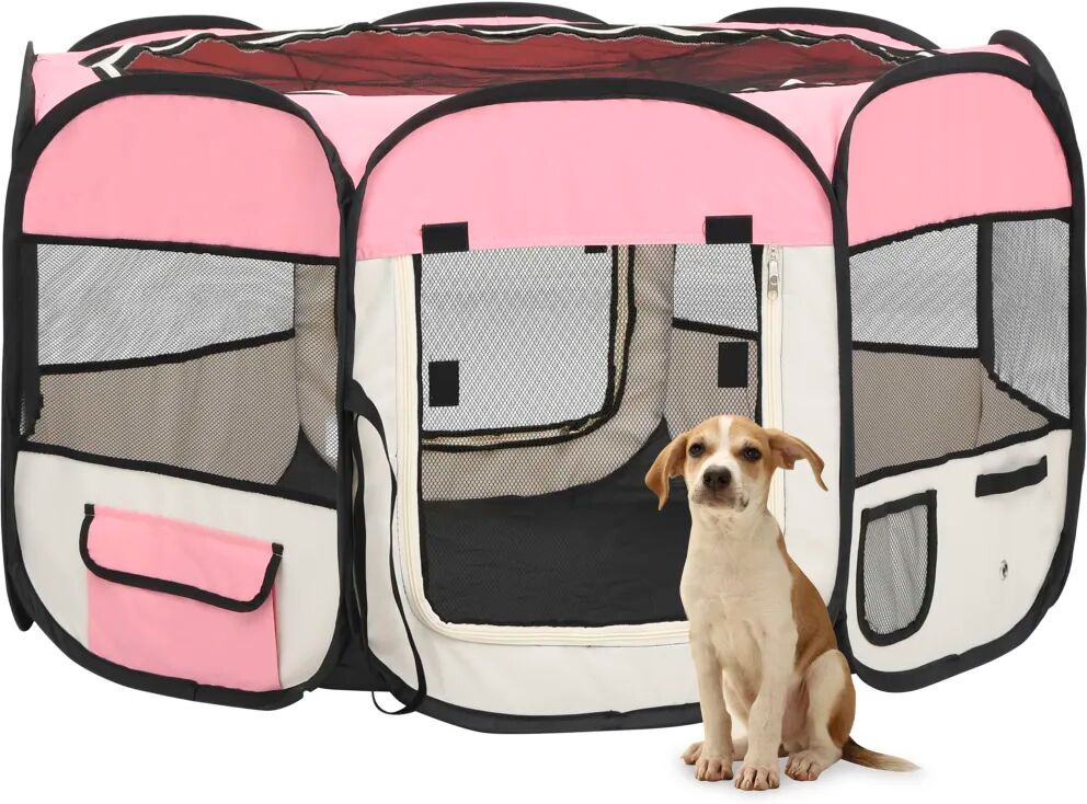 vidaXL Parque dobrável p/ cão c/ saco de transporte 110x110x58cm rosa