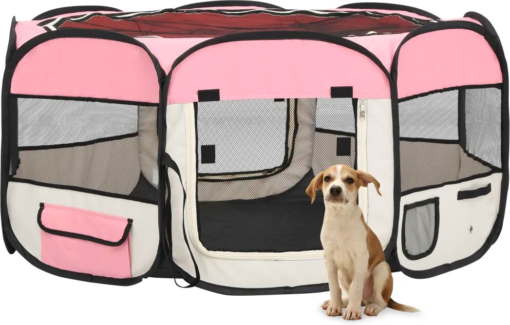 vidaXL Parque dobrável p/ cão c/ saco de transporte 145x145x61cm rosa