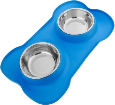 Primematik Comedouro para Cães e Gatos Anti Derrapante (Azul - 43.5x26.5x4.5cm - 400ml - Aço Inoxidável)