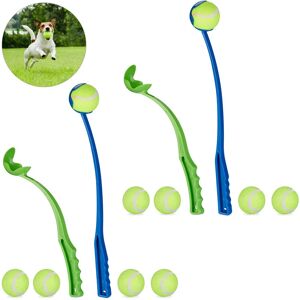 Ball Thrower, for Dogs, Set of 4 Launching Devices, Incl. 10 Balls, Pet Toys for Outdoor & Park, Blue/Green - Relaxdays