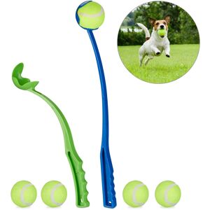 Ball Thrower For Dogs, Set Of 2 Ball Launcher, Includes 5 Tennis Balls, Ball Chucker, Dog Toy, Blue/green - Relaxdays