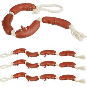 Dog Toy, 4x Set, Sausage Chain, Play, Puppy, Toss, Tug, Game, No Squeaker, Plastic, Length 65 cm, Brown/Cream - Relaxdays