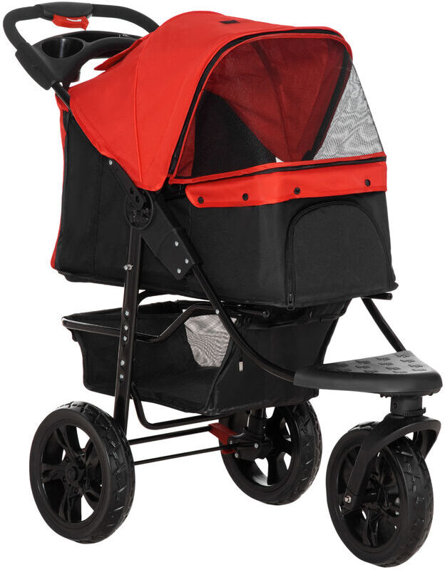 Folding Pet Stroller 3 Wheel Dog Carrier Adjustable Canopy for Small Dog Red - Red - Pawhut