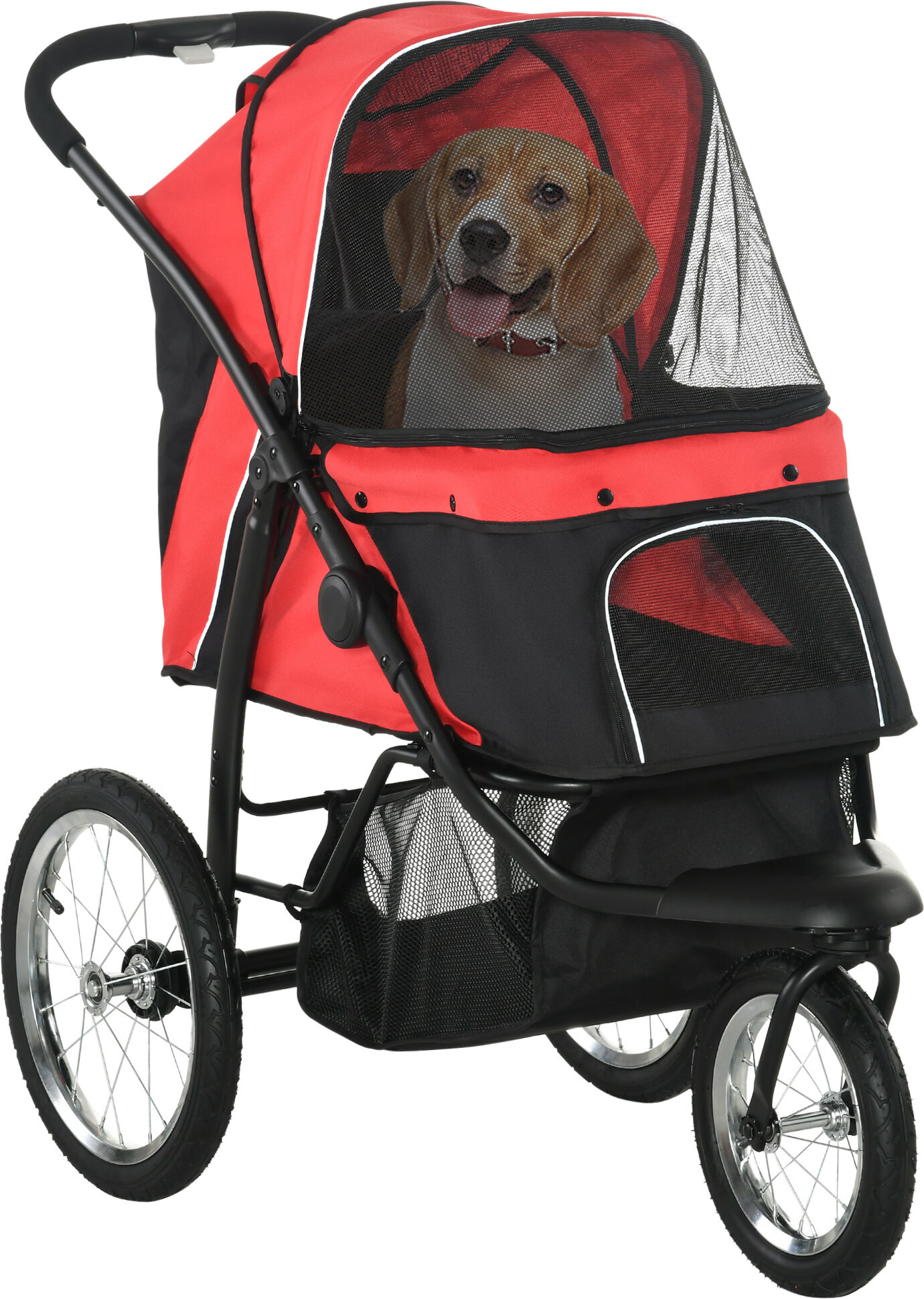 PawHut Pet Stroller Jogger for Medium, Small Dogs, Foldable Cat Pram Dog Pushchair w/ Adjustable Canopy, 3 Big Wheels - Red