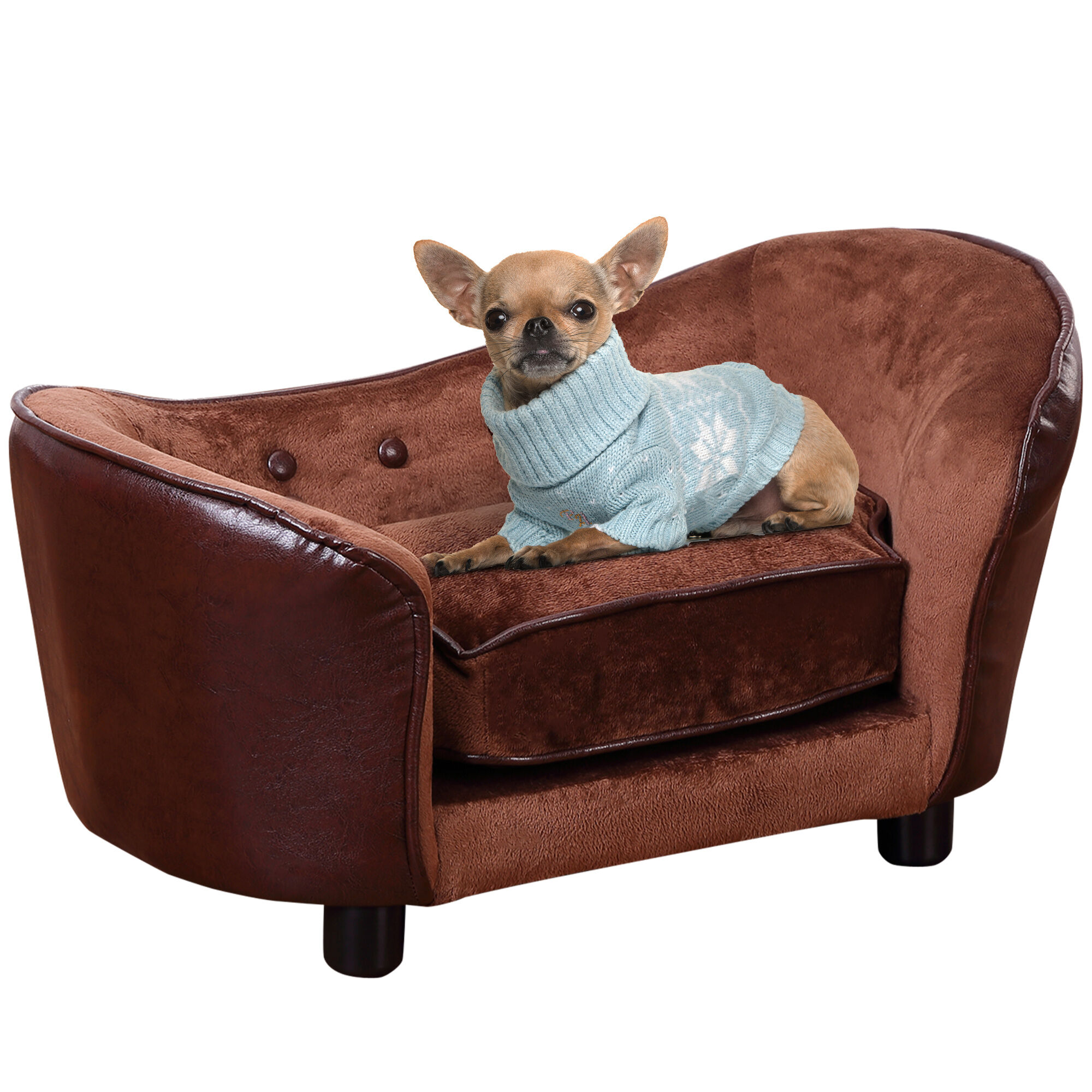 PawHut Pet Sofa Chair with Legs, Extra Small Dog & Cat Couch, Soft Cushioned, Brown, 68.5 x 40.5 x 40.5 cm