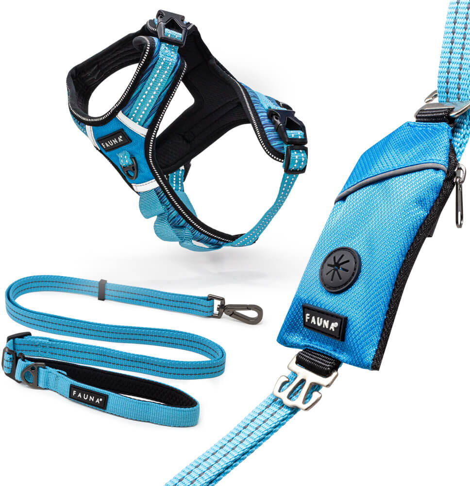 Fauna® Blue Dog Harness, Lead & Poop Bag Holder M/L Set-Medium