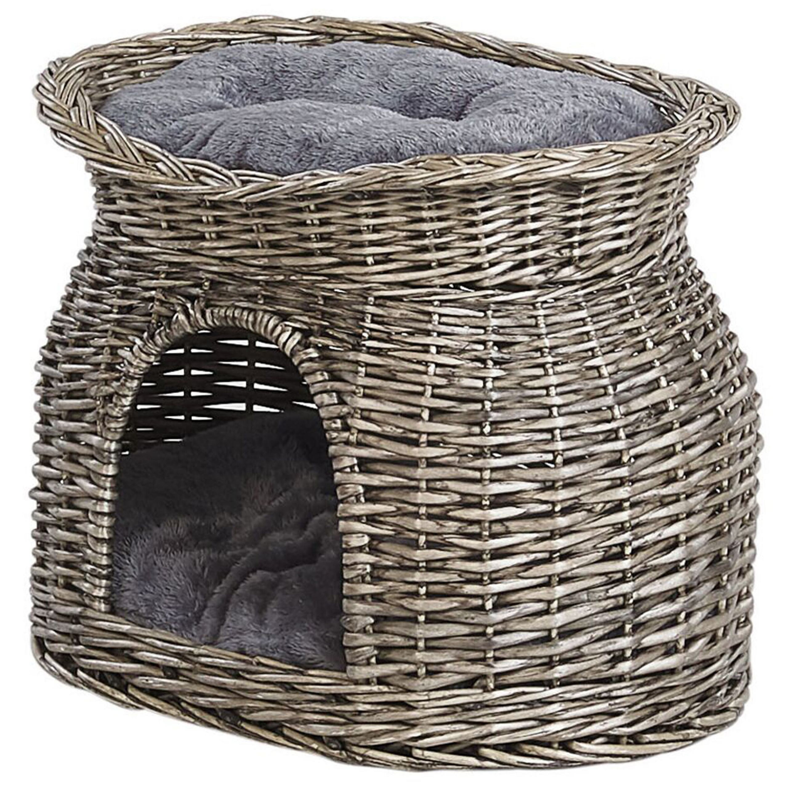 Beliani Cat Basket Grey Willow Wood Polyester Cushions 50 x 35 cm