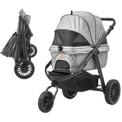 VEVOR Pet Stroller, 3 PU Wheels Dog Stroller Rotate with Brakes, 75 lbs Weight Capacity, Puppy Stroller with Pet Pad, Storage Basket and External Cup Holder, for Small to Medium Sized Dogs, Grey