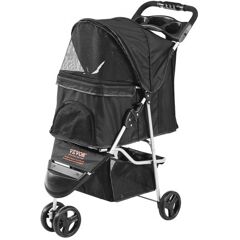 VEVOR Pet Stroller, 3 Wheels Dog Stroller Rotate with Brakes, 35lbs Weight Capacity, Puppy Stroller with Front Pedal, Velcro, Storage Basket and Cup Holder, for Dogs and Cats Travel, Black