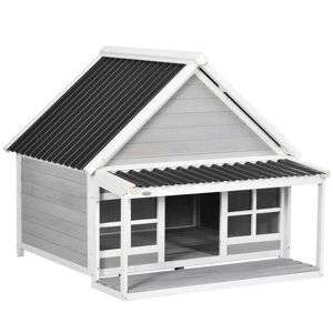 PawHut Wooden Dog House Outdoor, Cabin Style Raised Dog Shelter with PVC Roof, Front Door, Windows, for Large Medium Sized Dog